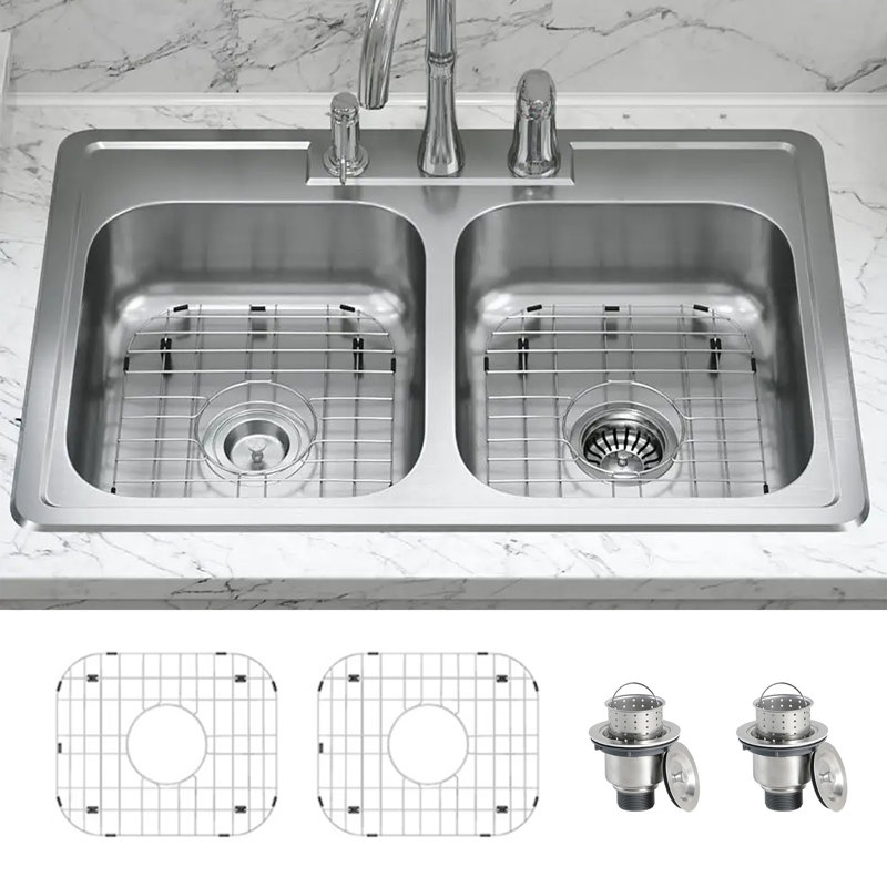 33" Stainless Steel Double Bowl Drop-In Kitchen Sink