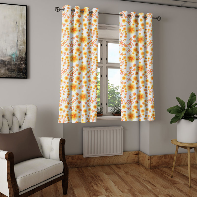 East Urban Home Floral Grommet Curtain Decorative 2-Panel Window Drapes, 50", Vermilion Yellow White, 50" W x 54" L