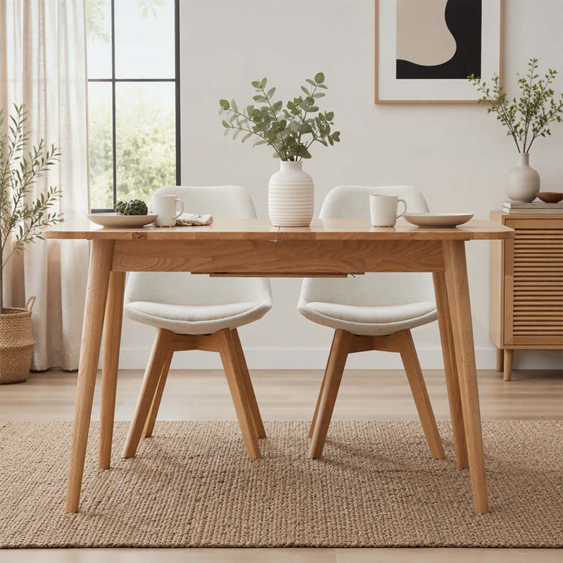 Table de salle à manger télescopique en chêne naturel, pieds diagonaux et angles arrondis, extensible de 1,2 à 1,6 m, pour 6 à 8 personnes.