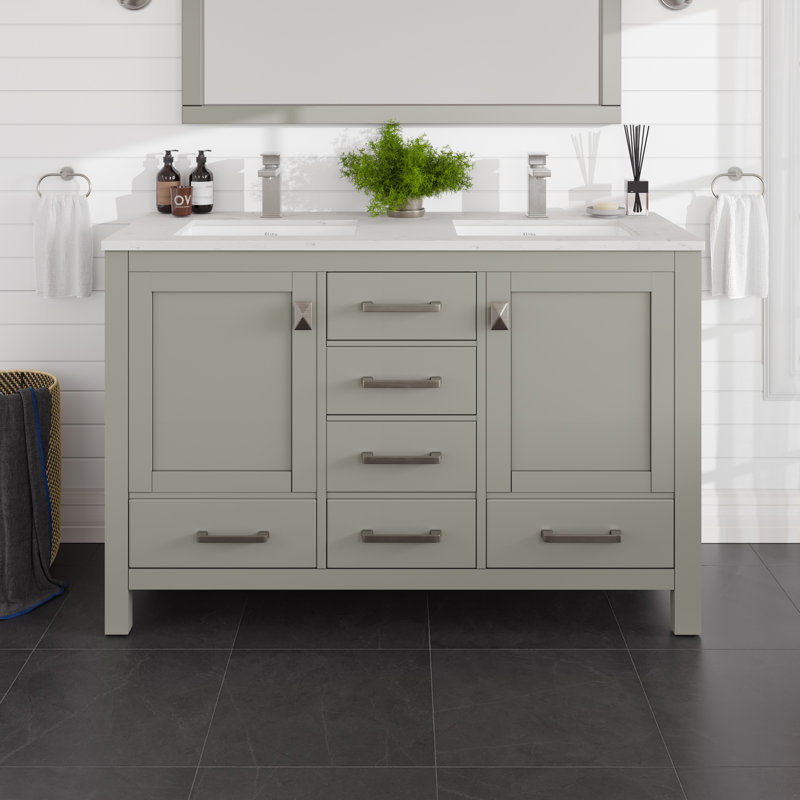 Meuble-lavabo double l 48 po x P 18 po Eviva London avec comptoir en quartz de Carrare et lavabos en porcelaine encastrable