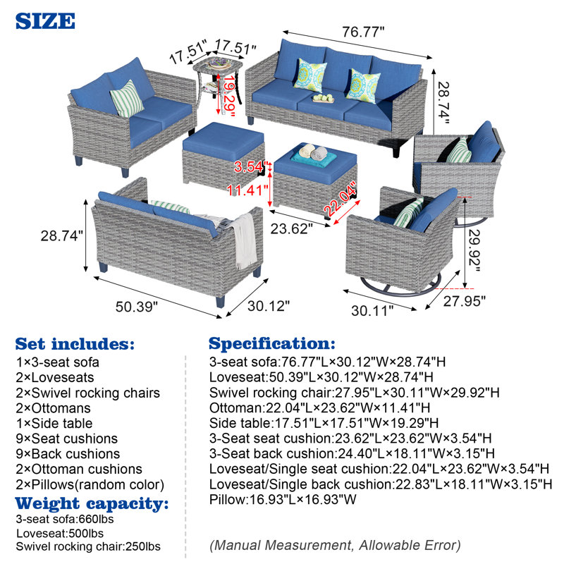 Rhyis 9 - Person Patio Conversation Set with Cushions, Denim Blue
