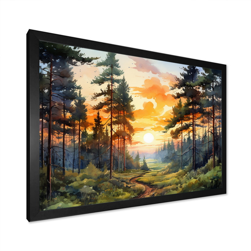 «Pine Tree Sunset Glow I», art encadré pin, H 12 po x l 20 po x P 1 po, Cadre simple noir
