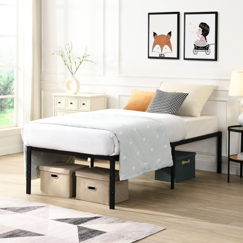 Heavy Duty Twin Black Metal Bed Frame With Assembly, Noiseless Usage, 750 - Pound Static Tolerance, Firm Mattress Support By Reinforced Slats, Storage Under Bed, And Connection Holes, Suitable For