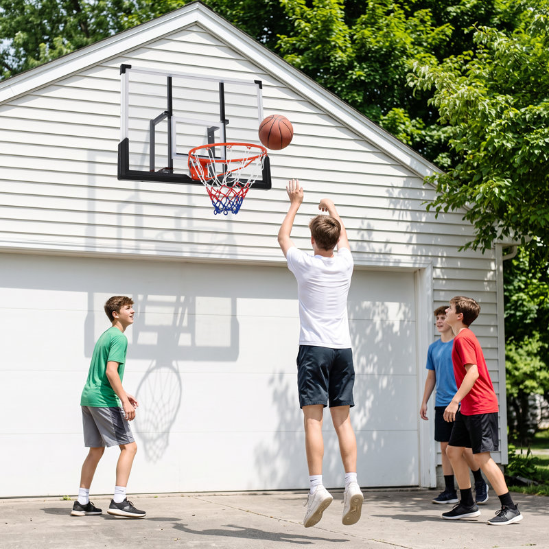 Panier de basketball mural de 44 po avec panneau en PE et cercle rouge pour jardin, garage ou extérieur