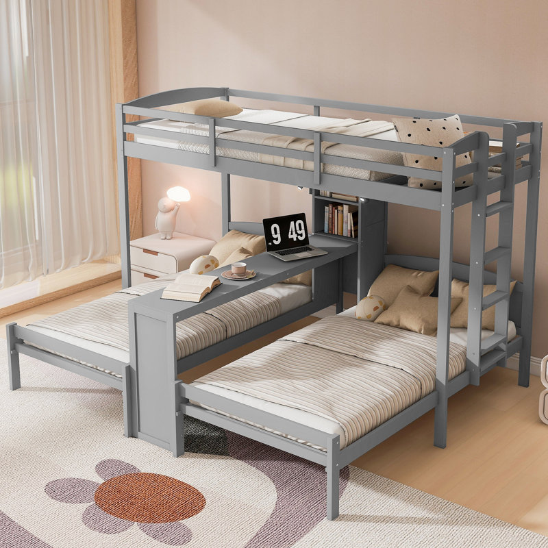 Lit superposé simple au-dessus de simple et simple avec bureau intégré et tablettes de rangement, lampe de lecture, 3 lits en 1