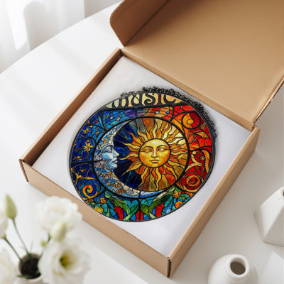 7.8"H Sun Moon Stained Glass Window Panel