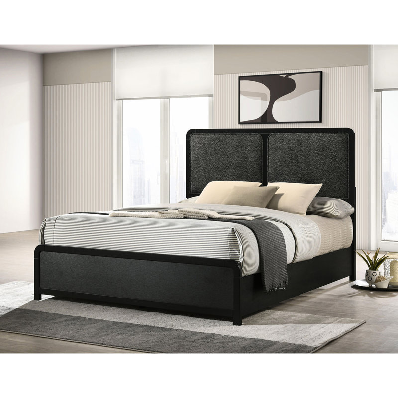 Lit très grand tapissier noir de style Mid-Century moderne, housse, tête de lit gris anthracite et pieds de support stables, style moderne, tissu anti-rayures, base