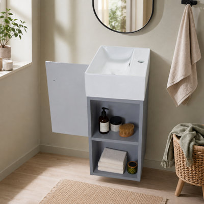 Base de meuble-lavabo mural gris mat de 21,7 po avec tablettes ouvertes du côté droit; la base est vendue comme un seul article.