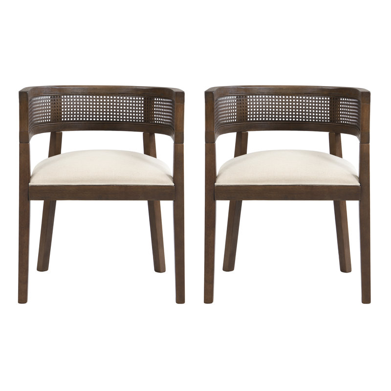 Chassidi Upholstered Solid Wood and Rattan Armchairs (Set of 2), Walnut/Beige
