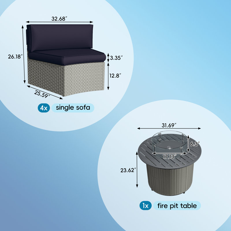 Ensemble de conversation courbé demi-lune pour 4 personnes Meredithe, Bleu marine