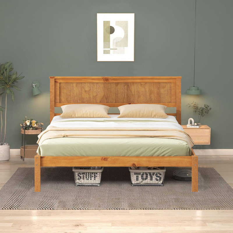  Base de lit plateforme en bois avec tête de lit Varmo, Lit simple, Chêne