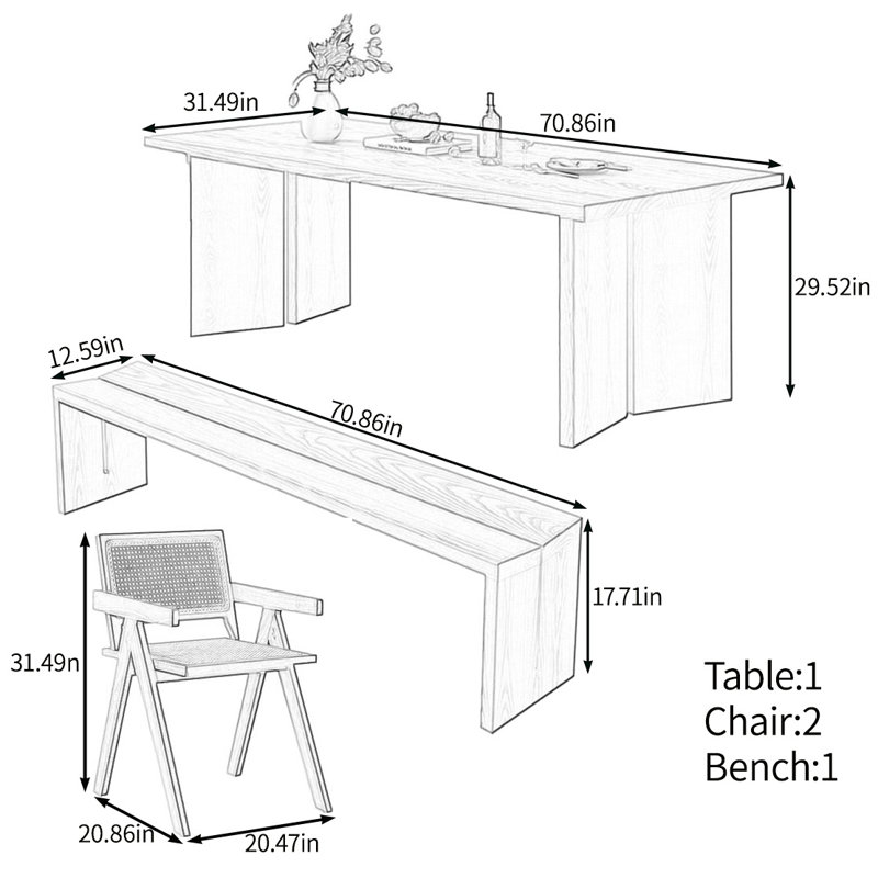 Elegant and durable solid wood table set, 29.52"H x 70.86"L x 31.49"W