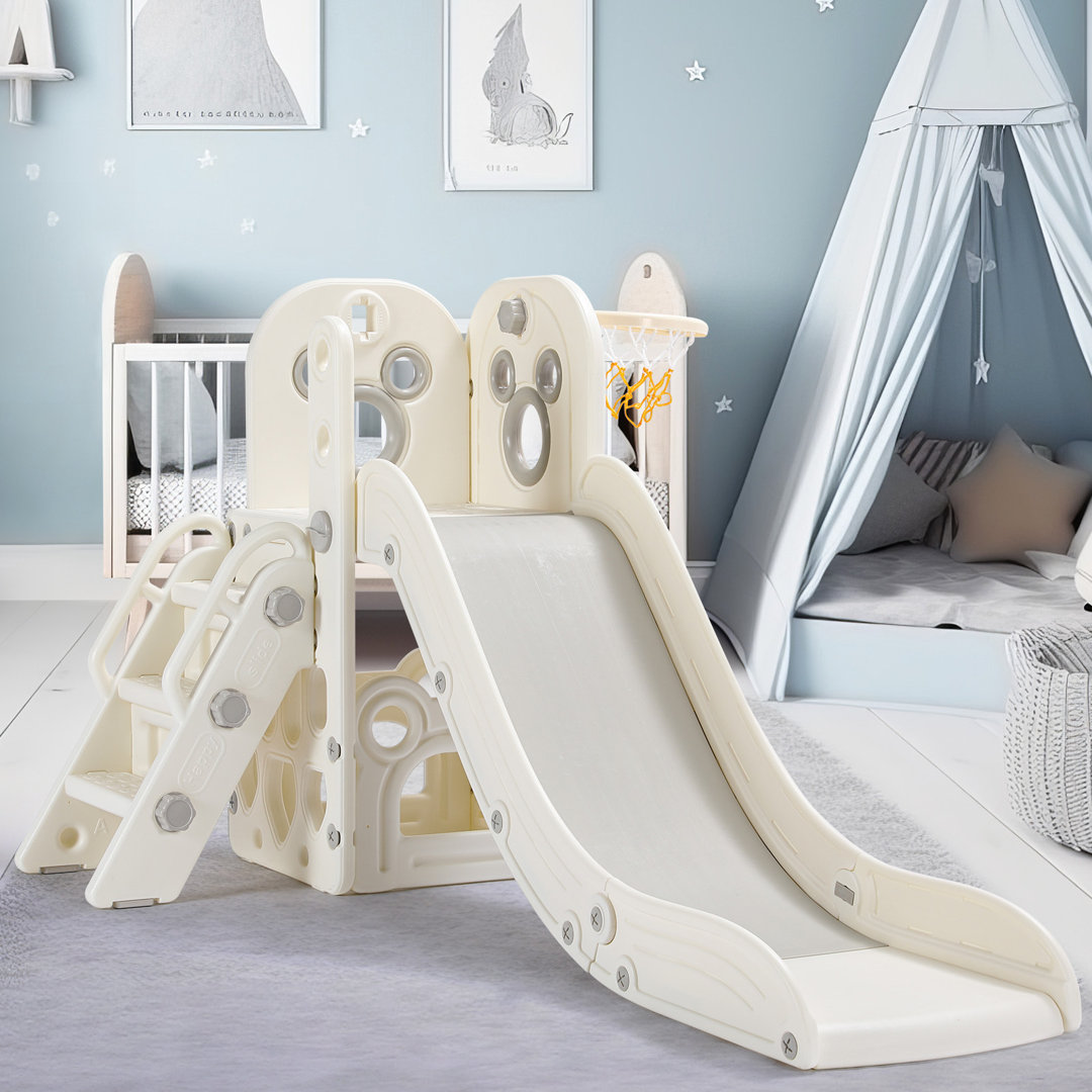 Kids Slide L-Shaped, 4 in 1 Slide Climber for Toddler, with Ball & Hoop, Storage Space and Non-Slip Pirecart Color: White/Gray