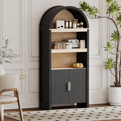 71" Arched Storage Cabinet with Fluted Doors, 5 Tier Bookcase Pantry with 3 Open Shelves for Living Room Office