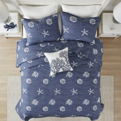 Cotton Quilt Bedding . Navy King/ King. Embroidered Starfish And . . Machine Washable. . Decorative Pillow King Cotton. & Filling. With