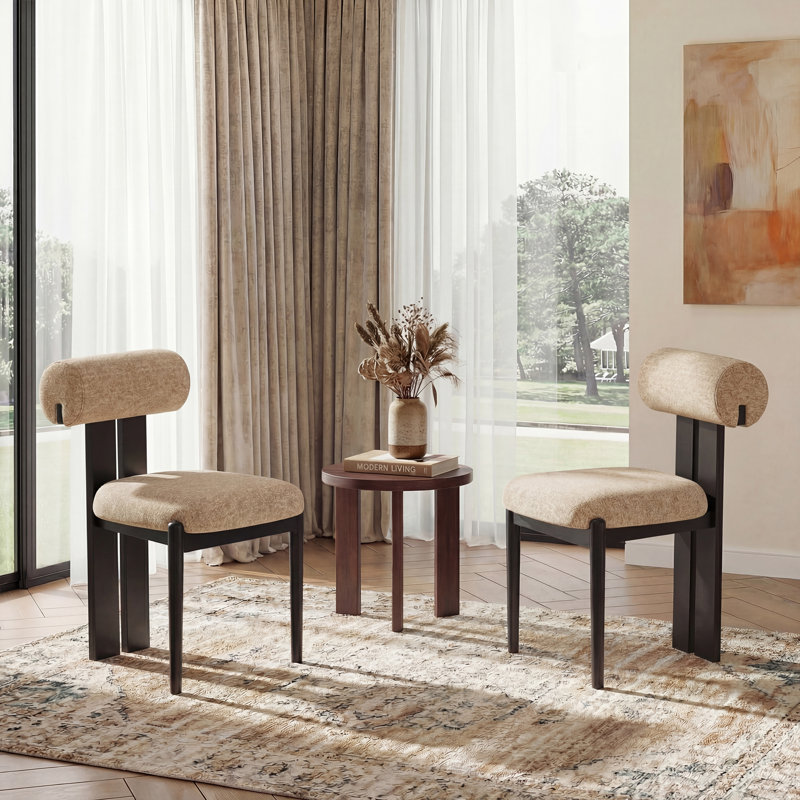 Mid-Century Modern Wooden Dining Chairs, Upholstered Fabric with Sculptural Backrest & Solid Wood Legs, Camel, Black