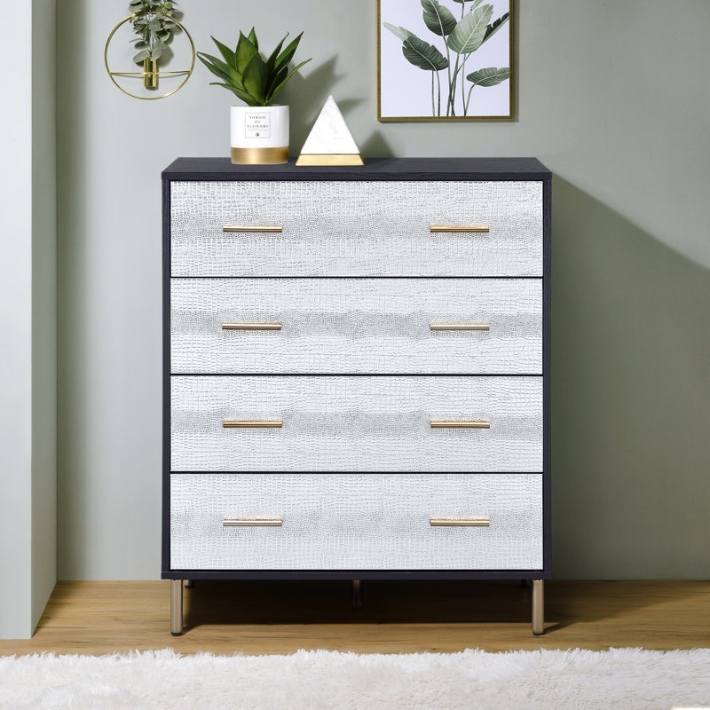 Demetrus 4-Drawer Rectangular Chest, Black/Silver/Gold