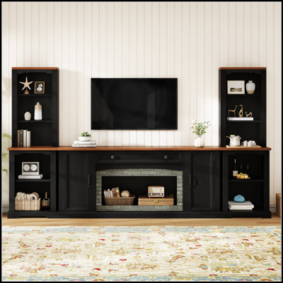 3-Piece TV Stand Set with Curved Side Cabinets for TVs Up to 70, Farmhouse Entertainment Center with Bookshelves, Stylish Walnut Sideboard with Drawer, Adjustable Shelves, for Living Room