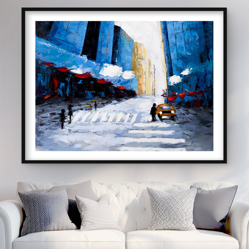 Blue Buildings - Blue Street Scenery, reproduction encadrée, Noir, H 36 po x l 48 po