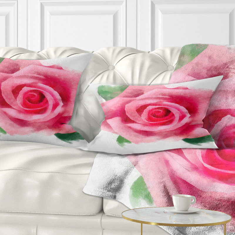 Grande fleur rose avec feuilles - Coussin décoratif à imprimé floral