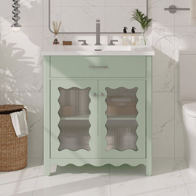 Meuble-lavabo 31 po avec verre trempé, armoire moderne, pieds en bois d'hévéa, portes à fermeture en douceur