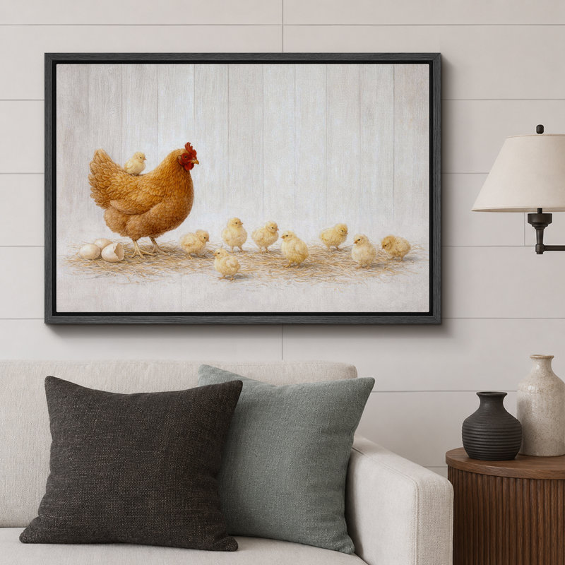 «Hen and Chicks Farmhouse Animal», cuisine, impression sur toile encadrée, H 24 po x l 36 po x P 1,5 po, Cadre noir