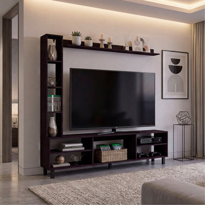 Entertainment Center for 65 Inch TV – 3-Piece Media Console with Tall Bookcase Tower, Floating Wall Shelf & 6-Compartment TV Stand