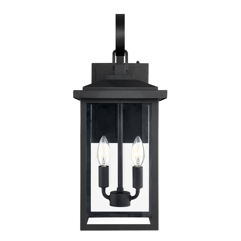 Lanterne murale d'extérieur 2 lumières avec capteur de crépuscule, abat-jour en verre transparent et cadre en métal noir sableux