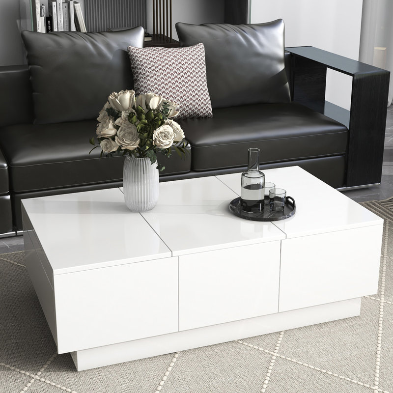 Table basse avec 2 grands compartiments de rangement cachés, table de cocktail extensible avec 2 tiroirs, table centrale ultrabrillante avec plateau coulissant pour le salon, 39,3 po x 21,6 po