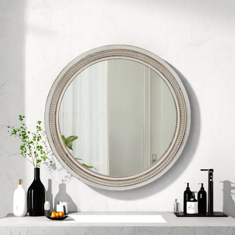 Miroir mural rond avec cadre décoratif perlé vieilli, 23,62 po