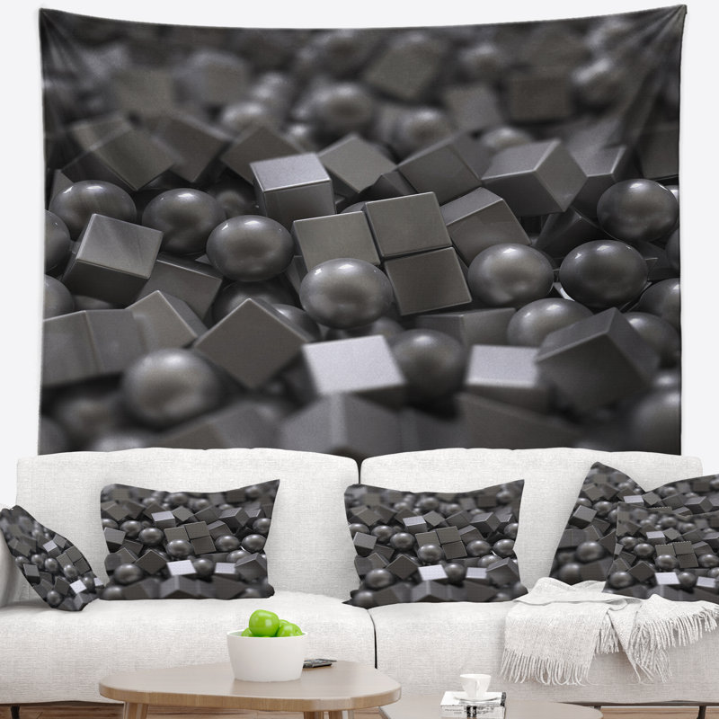 Tapisserie abstraite avec boules et cubes abstraits, H 32 po x l 39 po