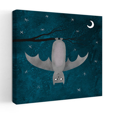Adorable chauve-souris dans un ciel nocturne serein et fantaisiste, impression d'art mural abstraite représentant un arbre et des chauves-souris.