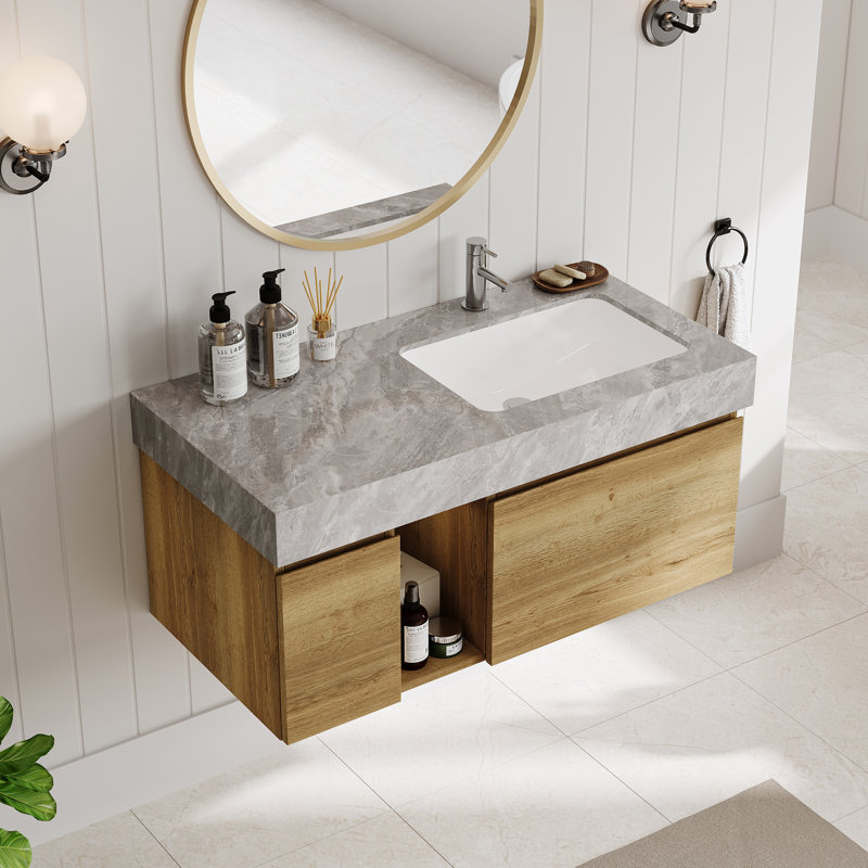 Meuble-lavabo mural moderne avec lavabo simple, lavabos flottants avec comptoir en pierre frittée Loubertha, 36", Grey