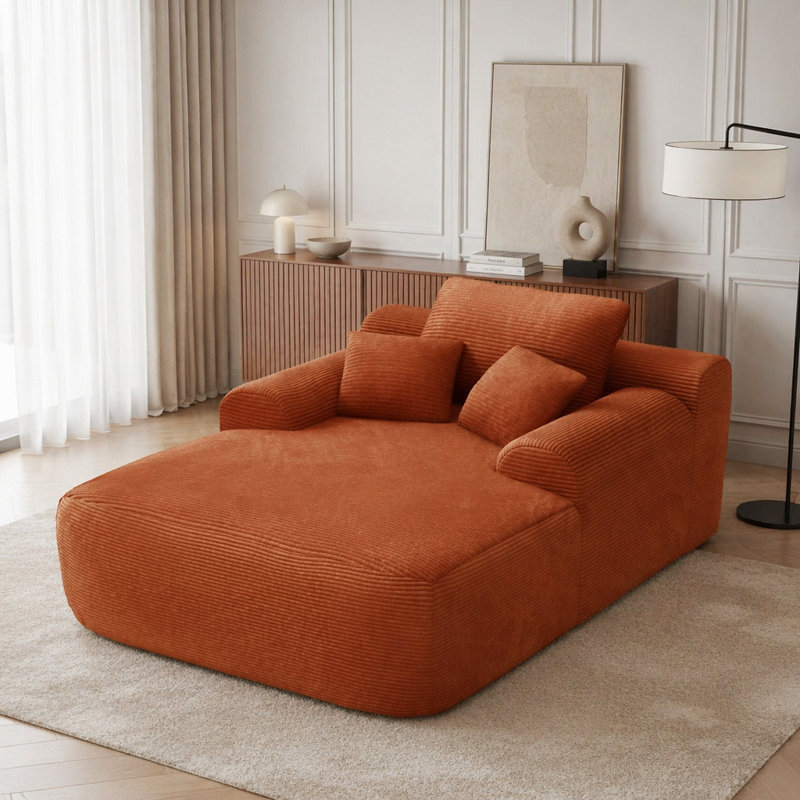 Chaise longue convertible sans assemblage avec accoudoirs larges, coussins et velours côtelé moelleux, Orange Fabric