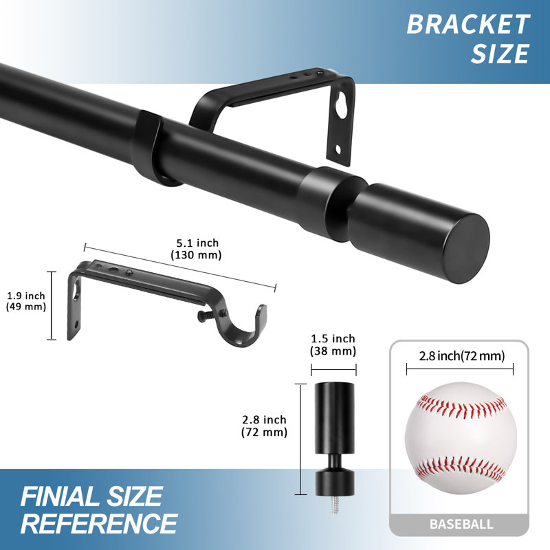 Black Adjustable Metal Curtain Rod with Sleek Finials, 84"-120"