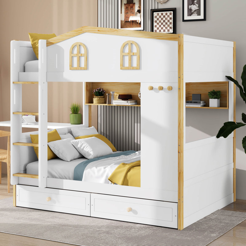 Lit superposé double sur double avec tiroirs et tablettes pour le rangement, cadre en bois avec rails de sécurité en forme de maison