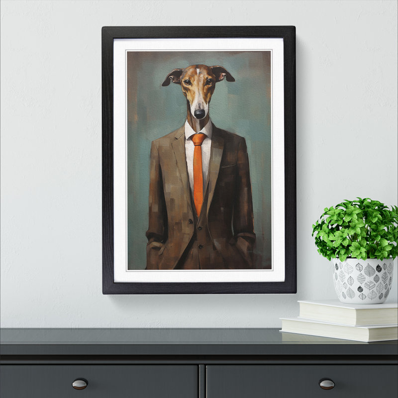 Greyhound in a Suit Painting - Framed Print, 64cm H x 46cm W, Black Framed