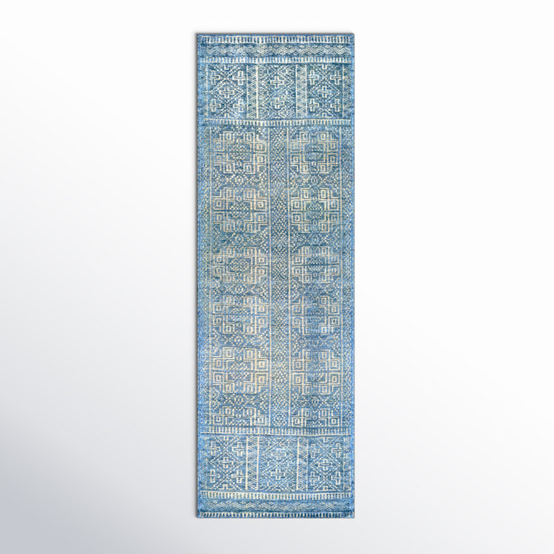 Tapis oriental bleu noué à la main Blaine, Tapis de couloir 2 pi 6 po x 8 pi