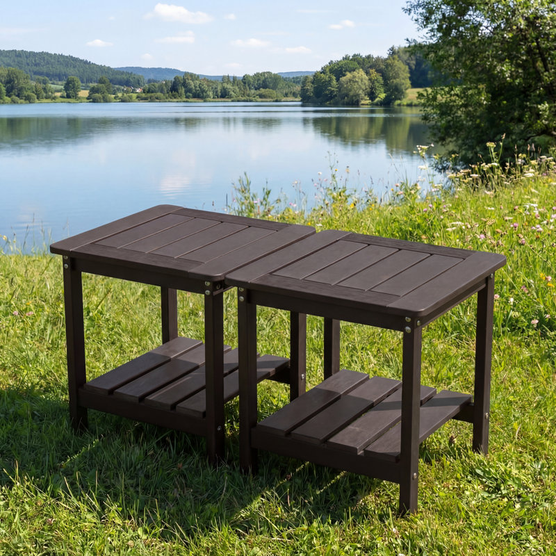 16inch Hdpe Adirondack Square Side Table, Weather Resistant End Table With Storage Shelf, Brown