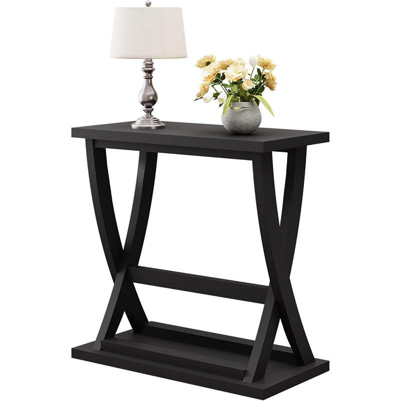 Table de bout noire, table d'appoint étroite avec tablette de rangement, table de bout moderne en X pour salon, chambre à coucher, petit espace,
