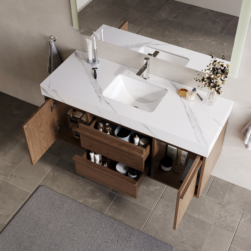 48" Wall-Mounted Bathroom Vanity with Undermount Bathroom Ceramic Sink, Brown Wood Texture with Sintered Stone Table top