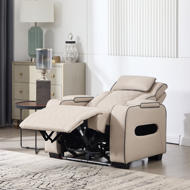 Capri Electric Recliner Cinema Chair (Beige) - Air Leather, USB/C Charging, LED Lighting, Cupholders, Storage, 1, Beige
