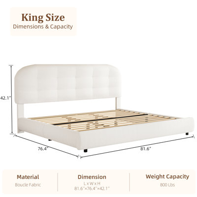 Boucle Upholstered Platform Bed with Headboard, Cloud Bed Frame, Soft Rounded Corners
