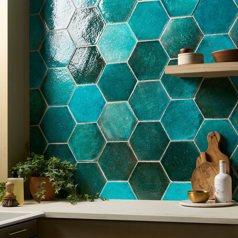 Breeze Tide Turquoise 8" Hexagon Crackled Glossy Terracotta Tile