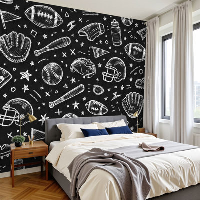 Papier peint adhésif noir et blanc Sports Sports Baseball Sports Wall H 100 po x l 144 po amovible en papier peint mural auto-adhésif pour chambre à coucher, bureau à domicile