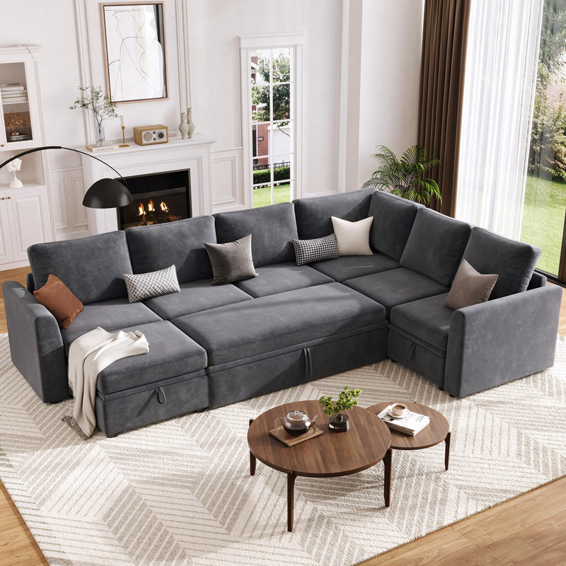 Canapé-lit modulaire en U en chenille - Canapé-lit convertible avec lit escamotable, sièges de rangement, 2 repose-pieds, coussins en éponge haute densité, assemblage inclus - idéal pour le salon, gris