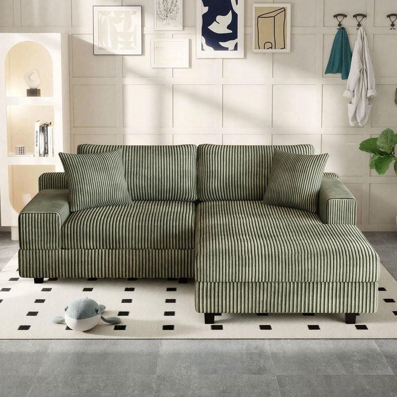 Clitheroe 73.63"W L-Shaped Corduroy Upholstered Sectional Couch with Reversible Chaise and Headrest Support, Green