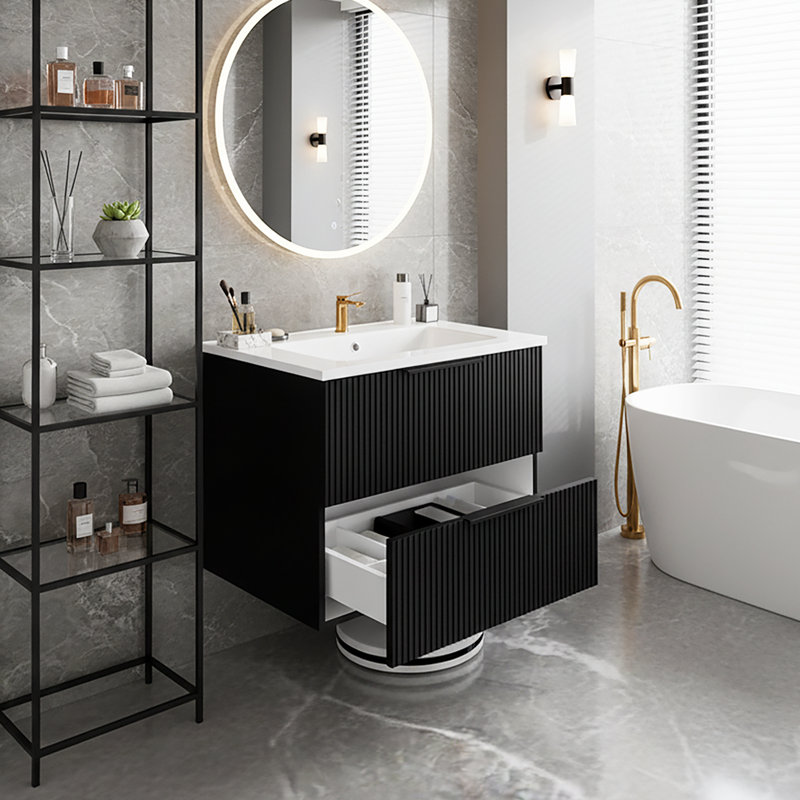 Meuble-lavabo flottant mural moderne avec lavabo en céramique Aqualuxe, Noir mat, 24"