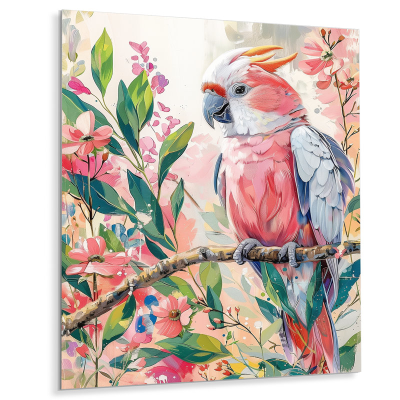 Rose, vert, cacatoès, jungle, rêves II - perroquet, art mural, salon, Sans cadre, métal, H 16 po x l 32 po