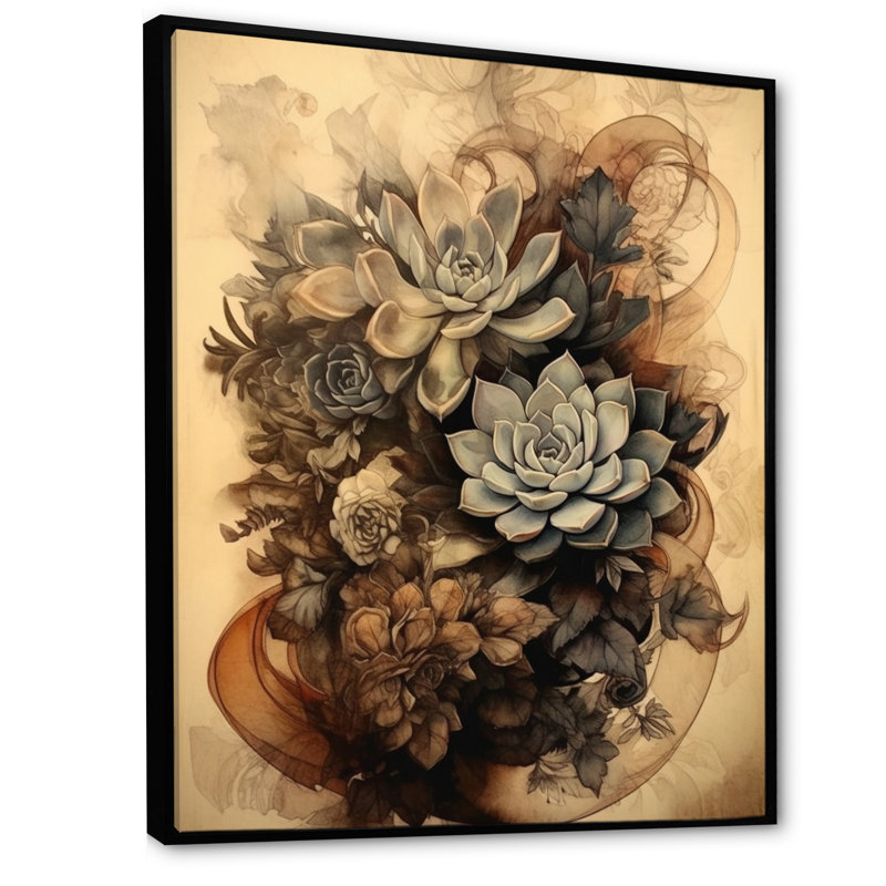 Gris, brun, résilience des plantes grasses, Cadre flottant noir, H 40 po x l 30 po x P 1,5 po